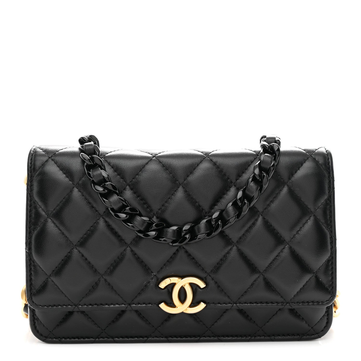 Chanel Lambskin Resin Quilted Wallet On Chain WOC Black