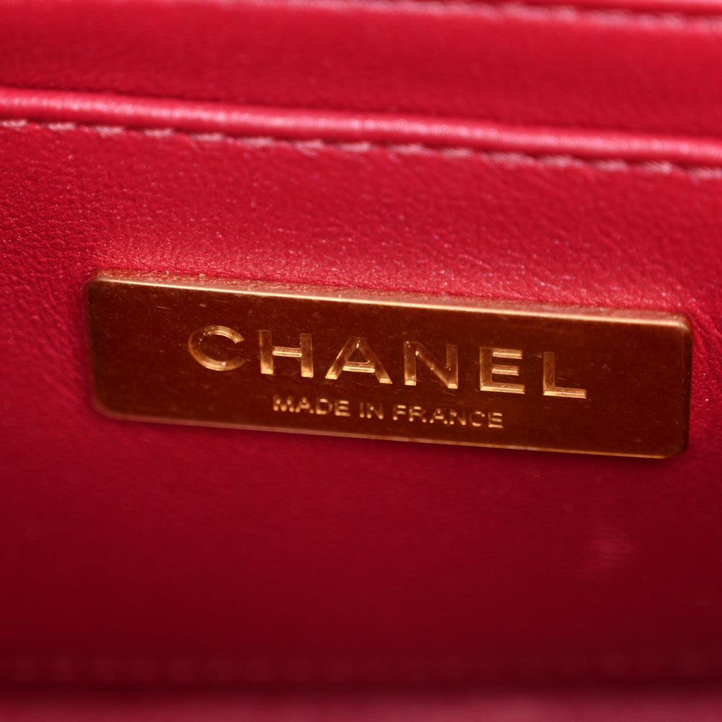 Chanel Mirror Metallic Calfskin Quilted Mini Top Handle Flap Pink
