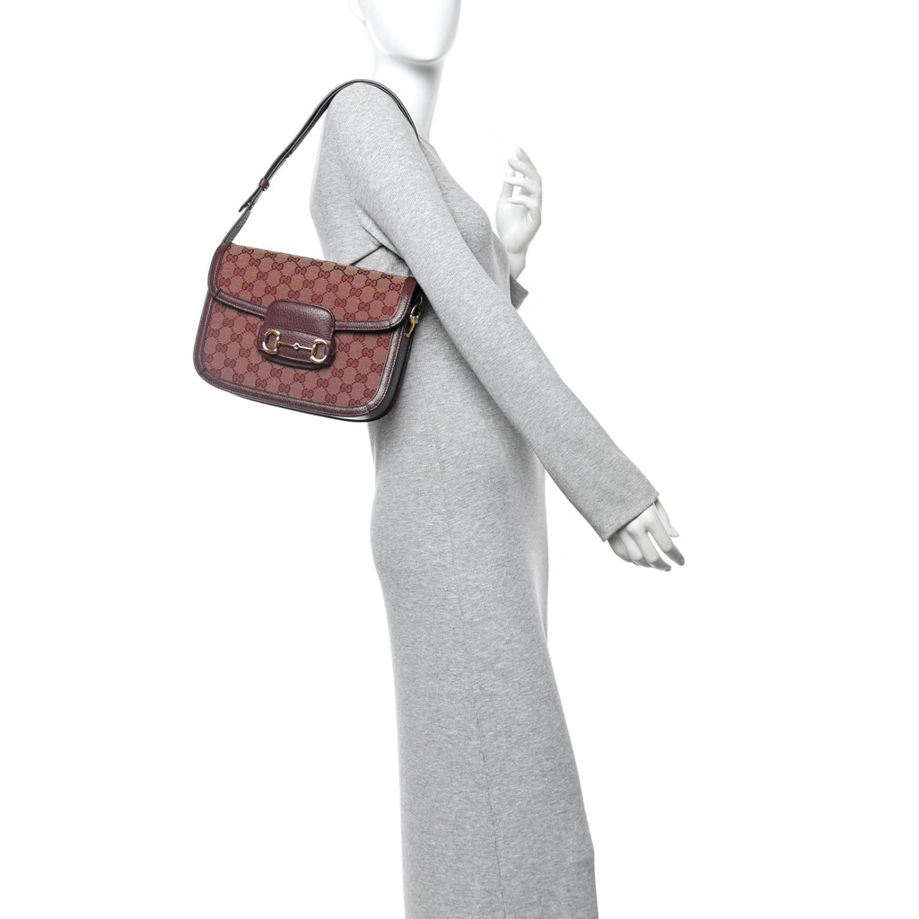 Gucci Monogram Textured Dollar Calfskin Horsebit 1955 Shoulder Bag Sahara Rubino Chardonnay