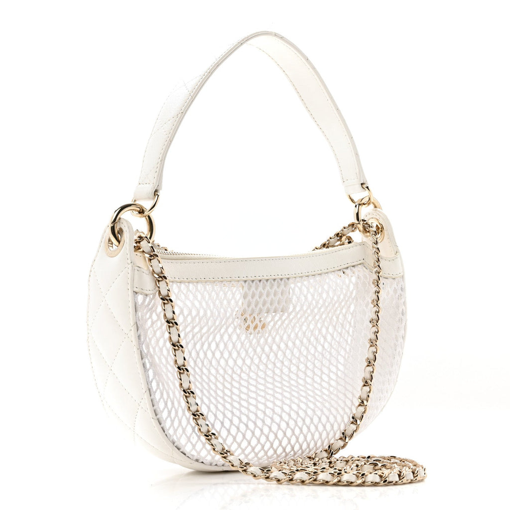 Chanel Mesh Shiny Lambskin Chain Hobo White