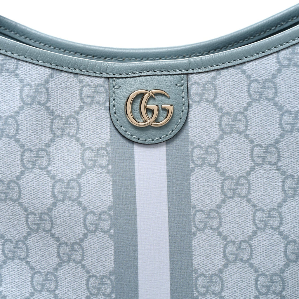 Gucci GG Supreme Monogram Textured Dollar Calfskin Web Small Ophidia Bucket Shoulder Bag Dusty Blue