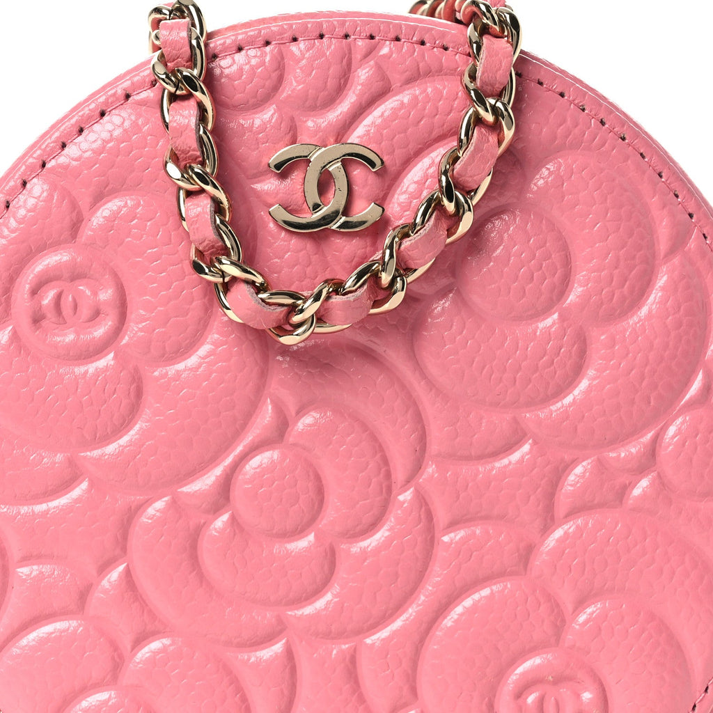 Chanel Caviar Camellia Embossed Round Clutch With Chain Pink