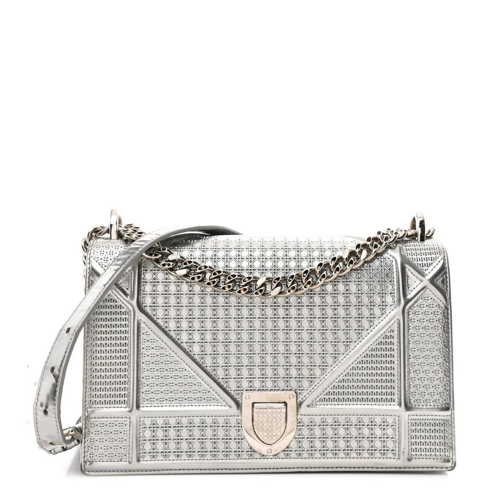 Christian Dior Metallic Patent Micro-Cannage Medium Diorama Flap Bag Silver
