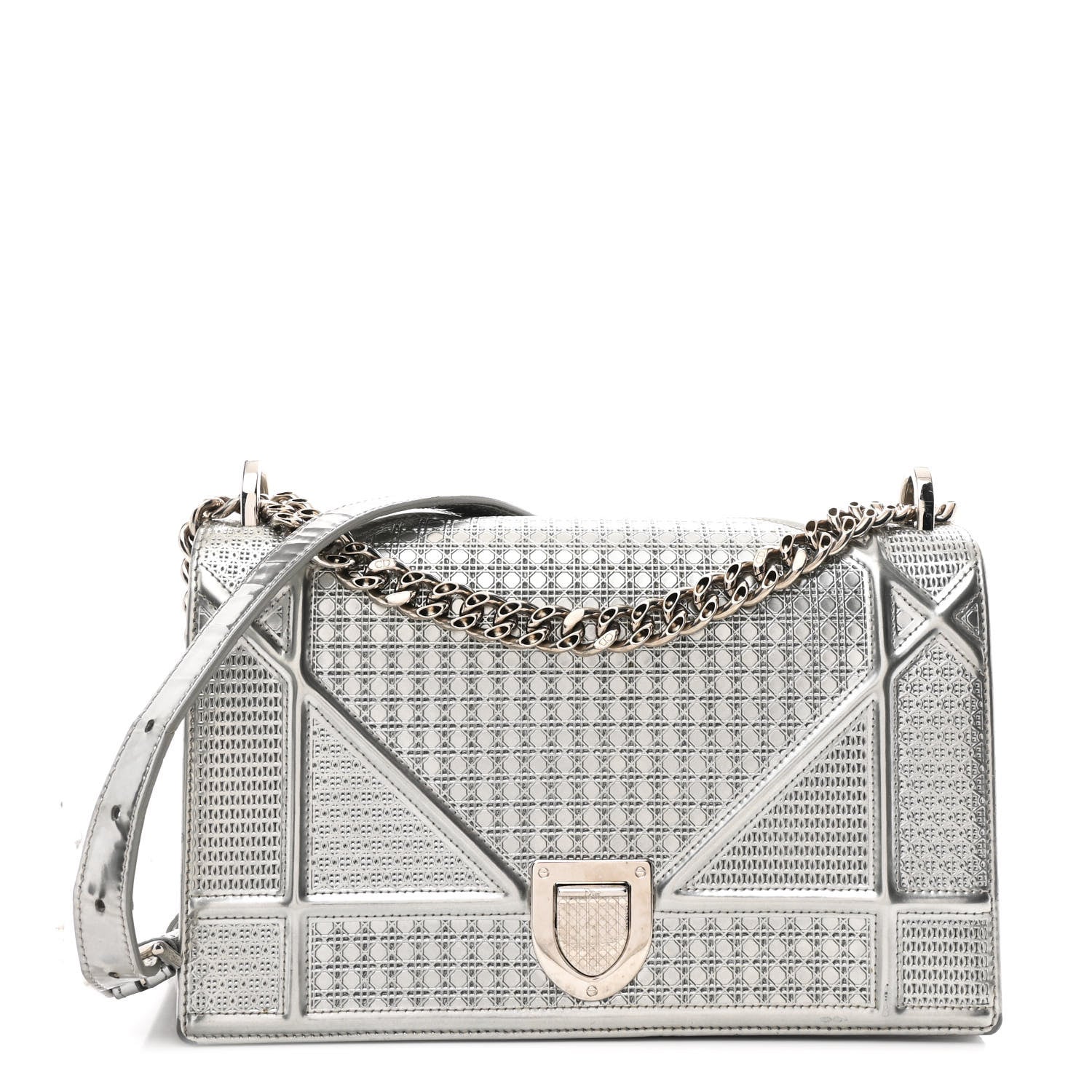 Christian Dior Metallic Patent Micro-Cannage Medium Diorama Flap Bag Silver