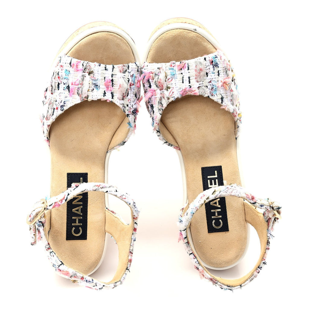 Chanel Tweed Cork CC Wedge Sandals 39 Ecru Pink Blue Green