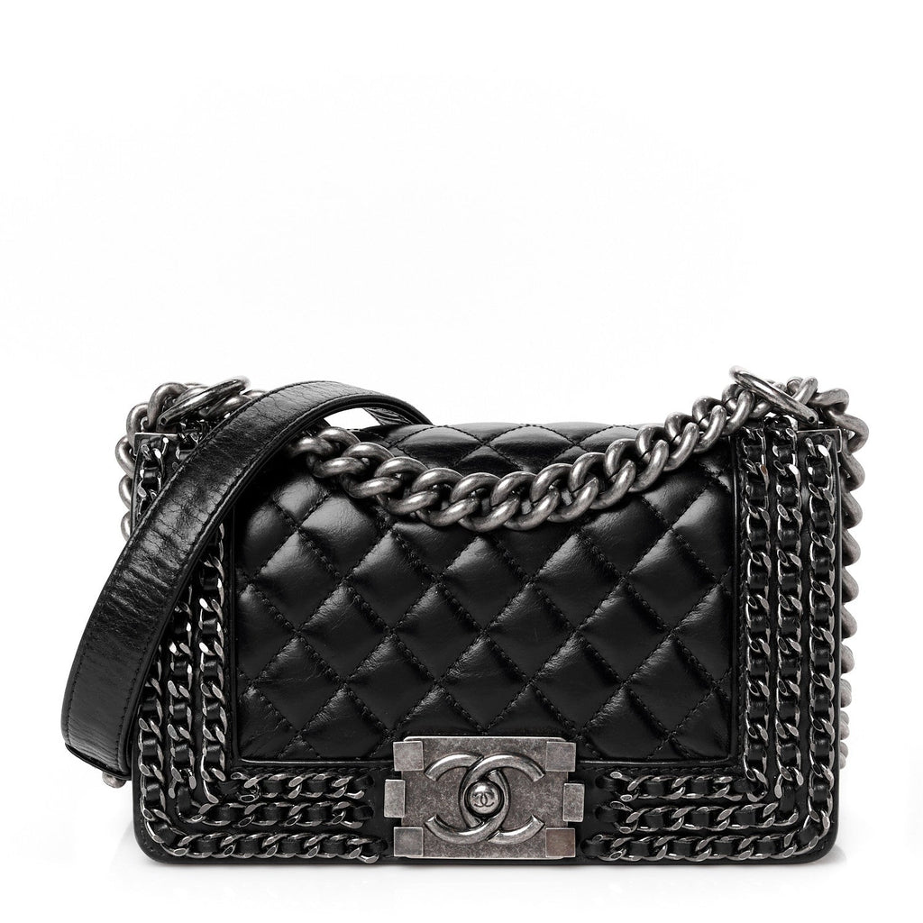 Chanel Glazed Calfskin Quilted Small Boy Chained Flap Black