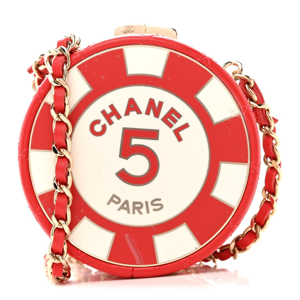 Chanel Lambskin Enamel Quilted Round Poker Chip Clutch With Chain Red White