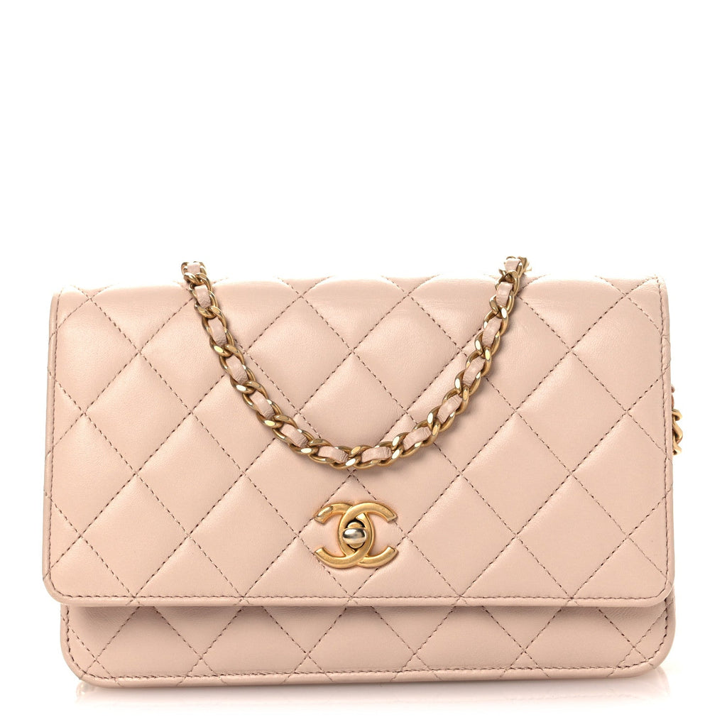 Chanel Lambskin Quilted CC Pearl Crush Wallet on Chain WOC Light Pink