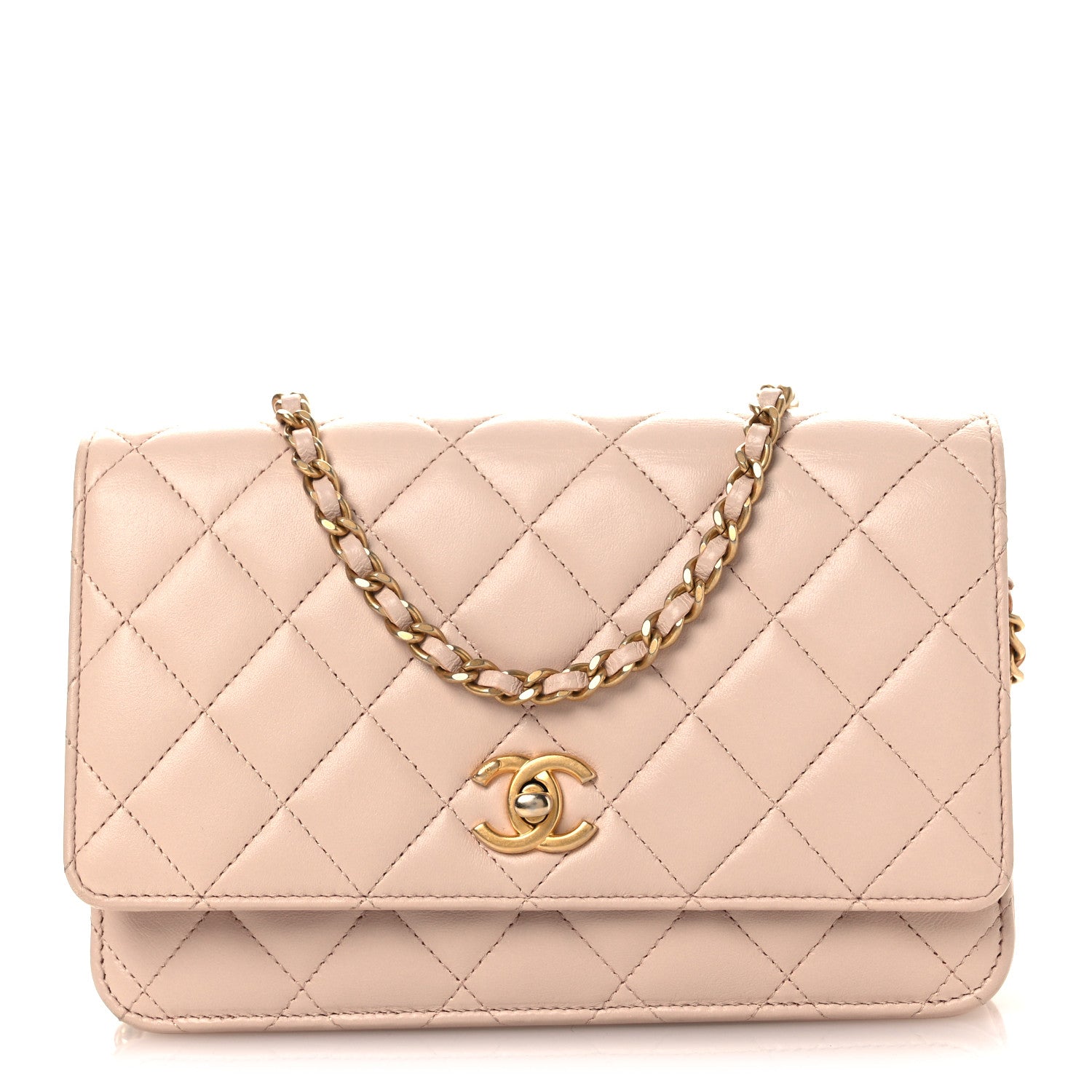 Chanel Lambskin Quilted CC Pearl Crush Wallet on Chain WOC Light Pink