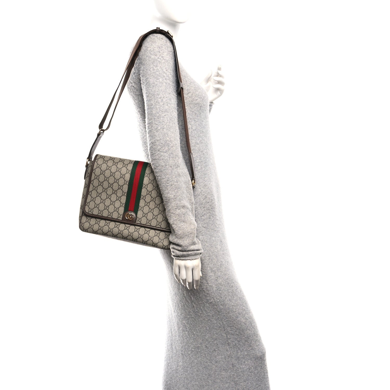 Gucci Tender GG Supreme Monogram Textured Dollar Calfskin Ophidia Messenger Bag Beige Ebony Dark Brown