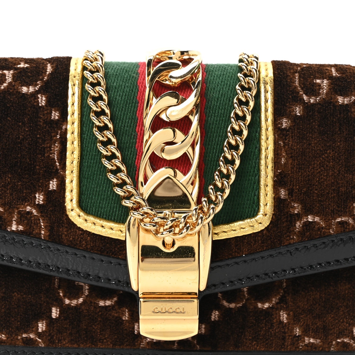 Gucci Velvet GG Monogram Web Super Mini Sylvie Chain Shoulder Bag Brown Black Oro Vecchio