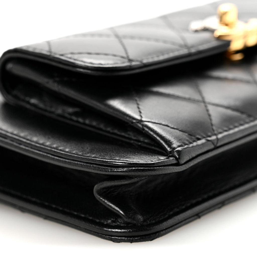 Chanel Lambskin Quilted Front Pocket Clutch With Chain Black