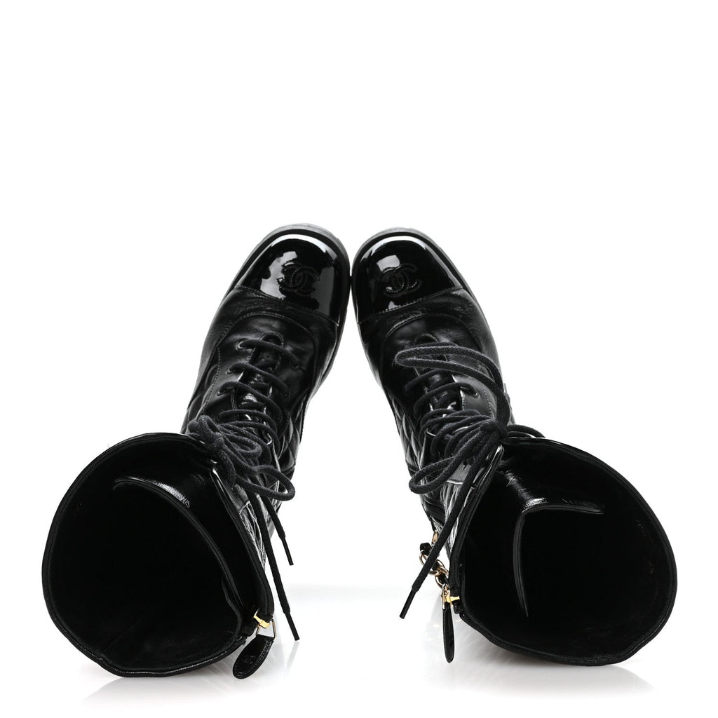Chanel Shiny Calfskin Patent Quilted Chain Lace Up Combat Long Boots 38.5 Black