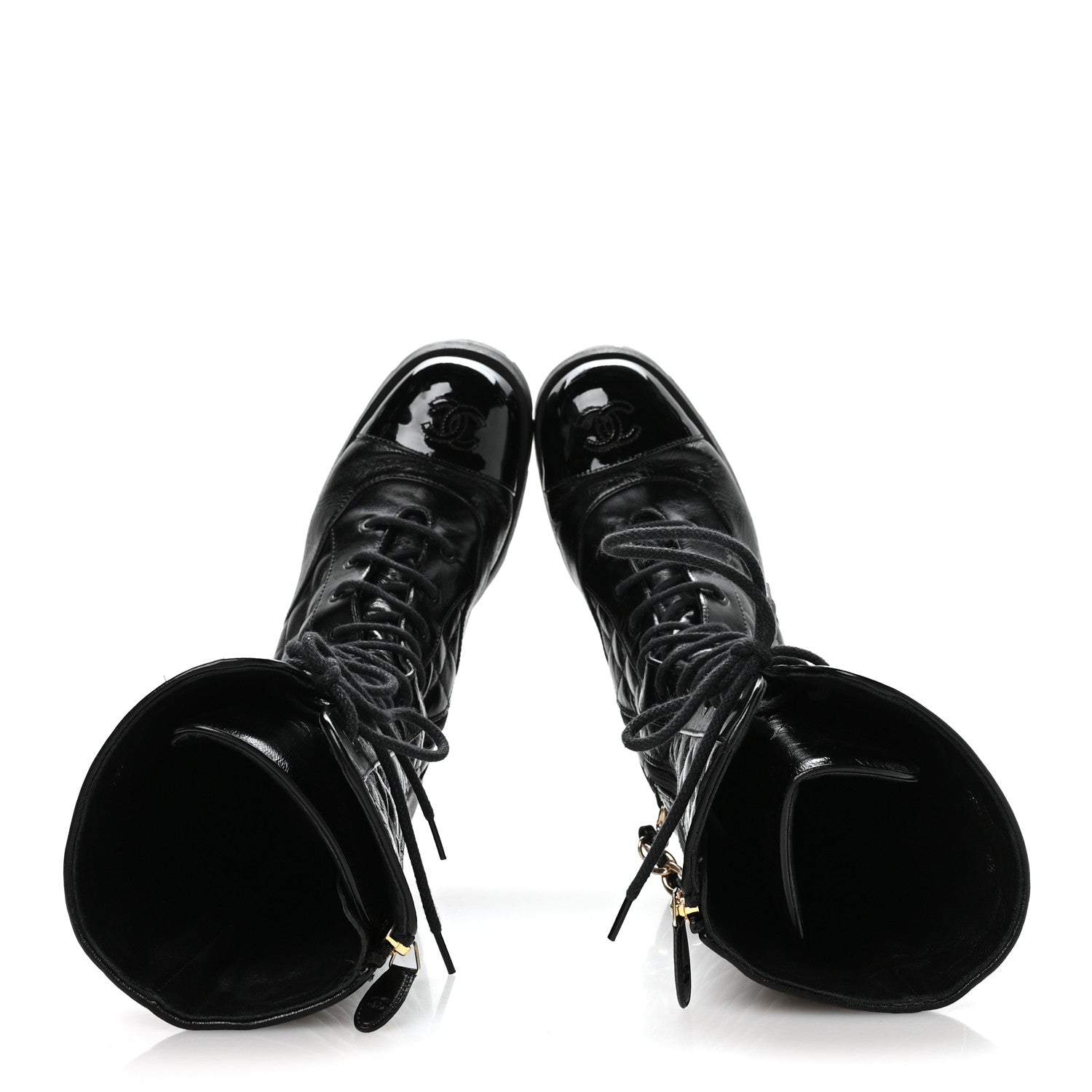 Chanel Shiny Calfskin Patent Quilted Chain Lace Up Combat Long Boots 38.5 Black