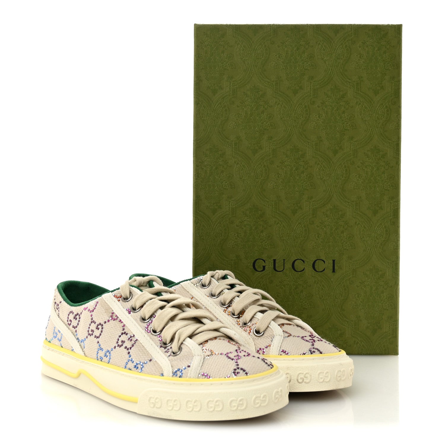 Gucci Canvas Lame Crystal GG Monogram Womens 1977 Tennis Sneakers 36 Gardenia Silver Mystic White