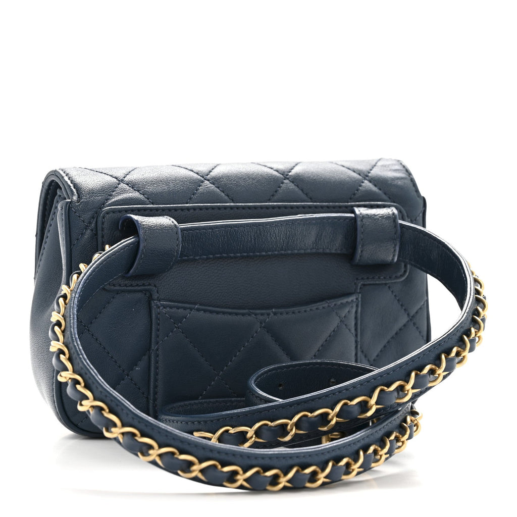 Chanel Lambskin Quilted Chain Infinity Waist Belt Bag Blue