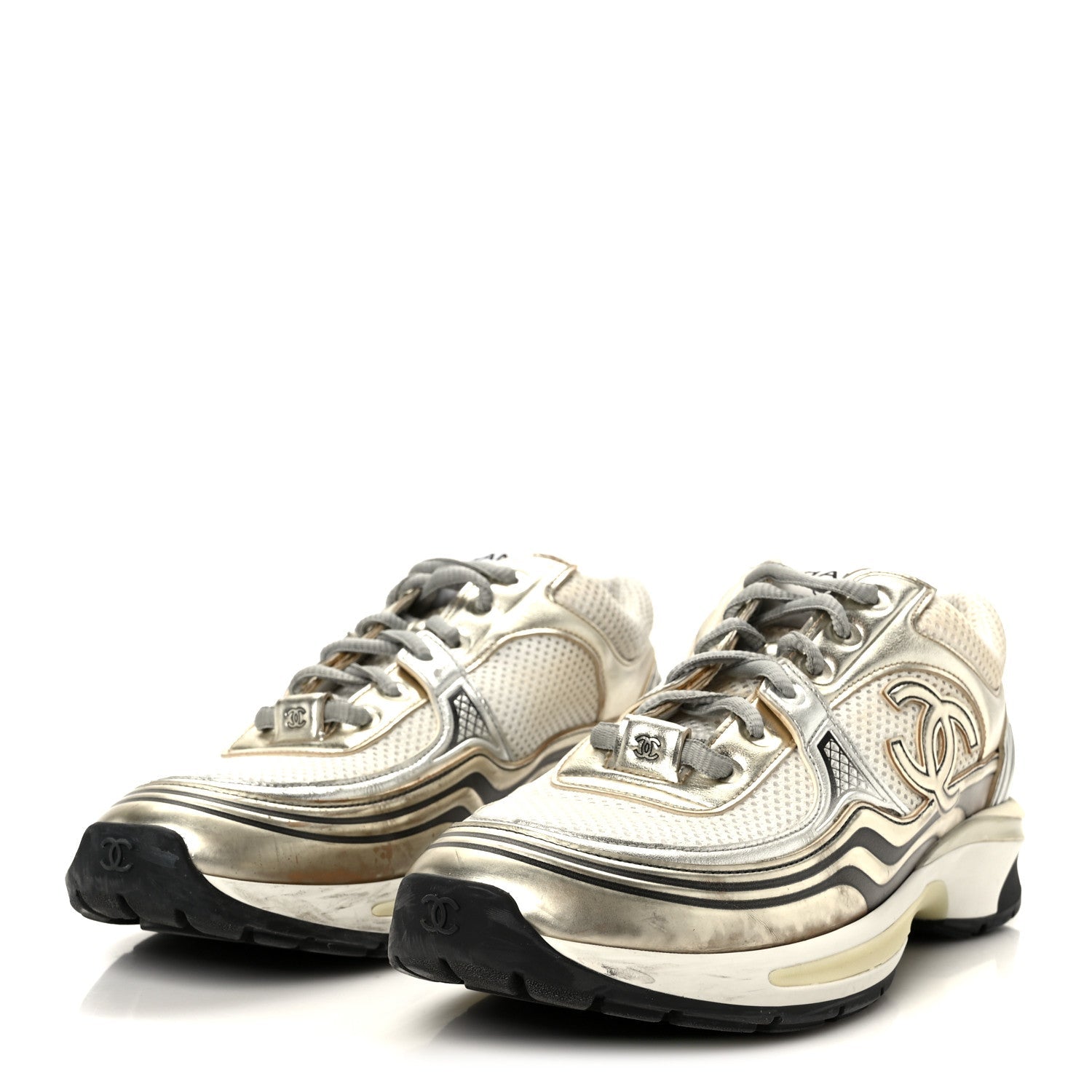 Fabric Laminated Calfskin Stretch CC Sneakers 39.5 White Gold Silver