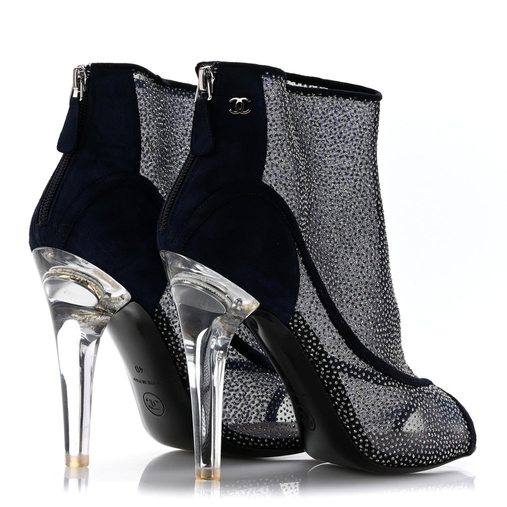 Mesh Crystal Open Toe Ankle Boots 40 Navy