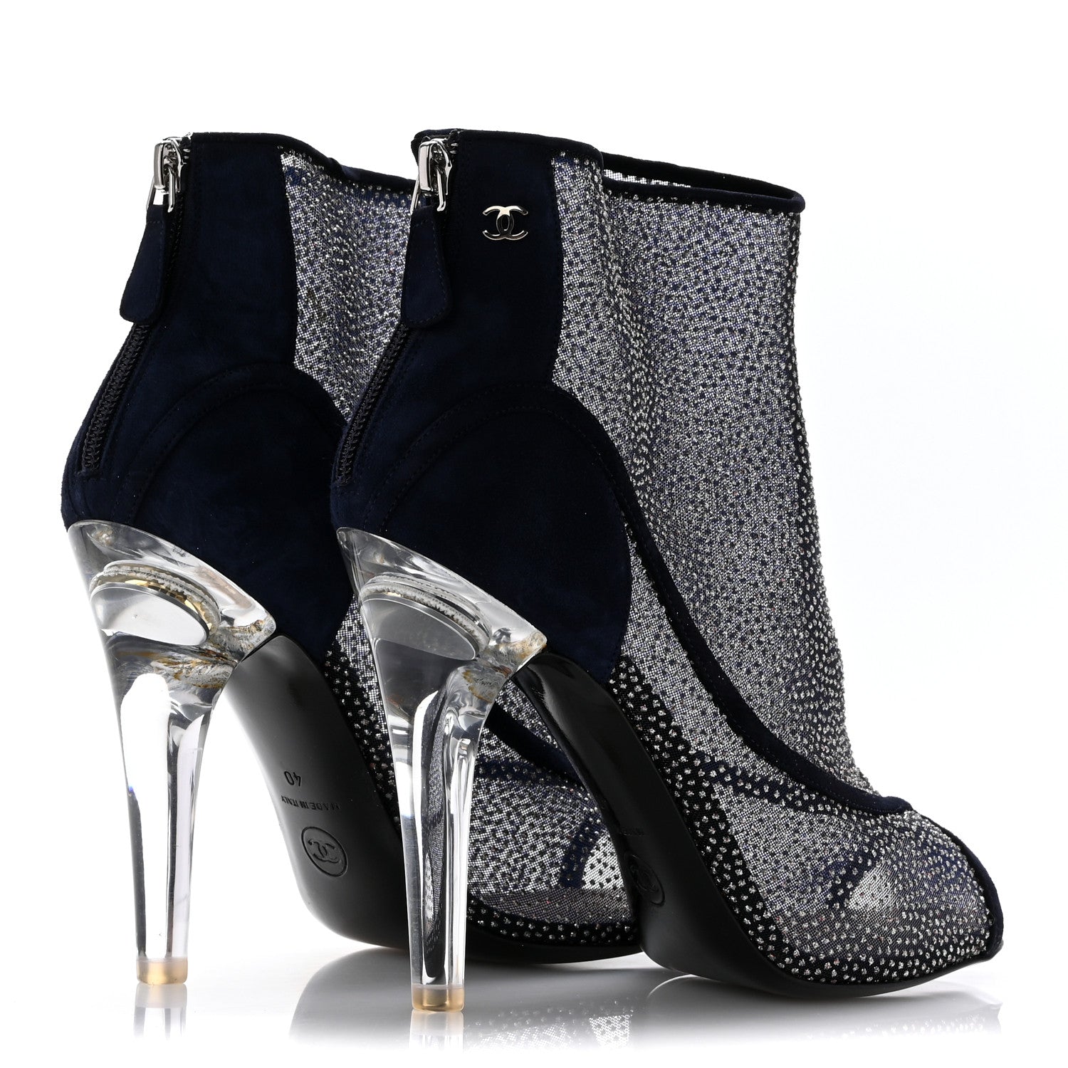 Mesh Crystal Open Toe Ankle Boots 40 Navy
