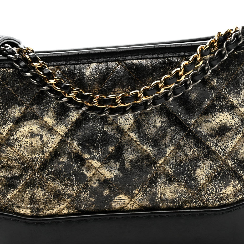 Chanel Metallic Crumpled Goatskin Quilted Small Gabrielle Hobo Black Gold