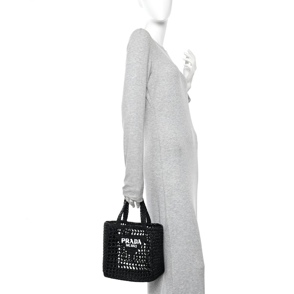 Prada Yarn Raffia Effect Crochet Logo Embroidered Small Tote Bag Black