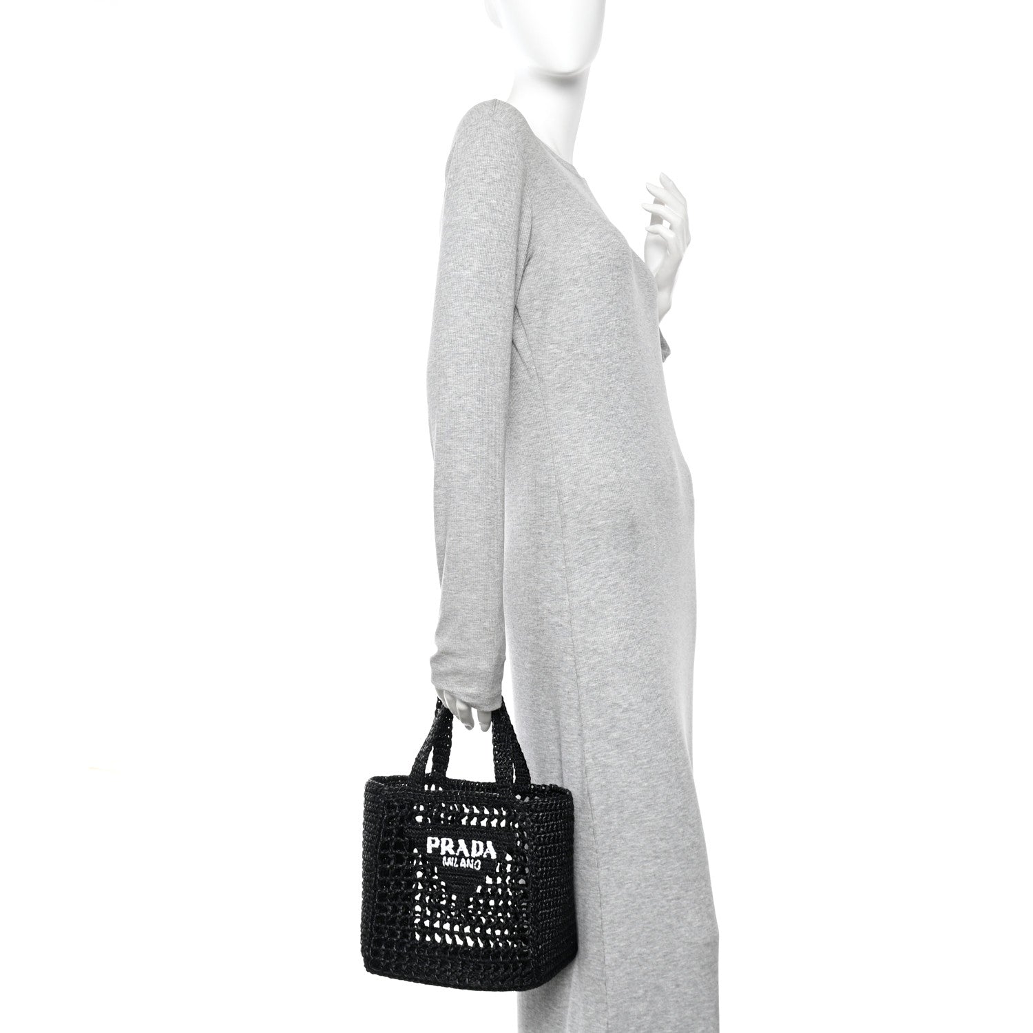 Prada Yarn Raffia Effect Crochet Logo Embroidered Small Tote Bag Black
