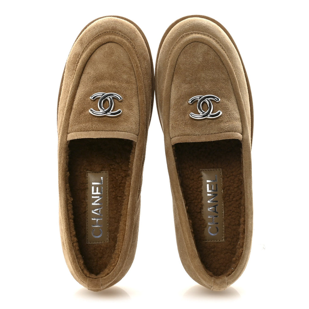 Chanel Suede Calfskin CC Loafers 37.5 Dark Beige