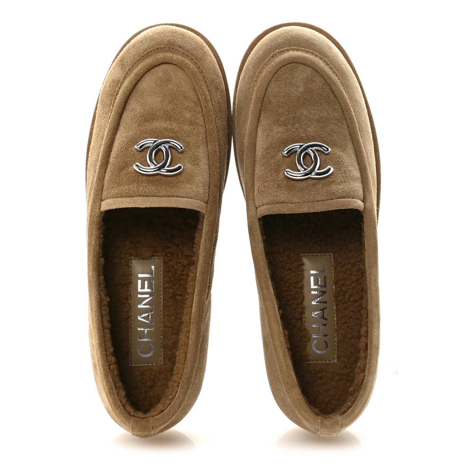 Chanel Suede Calfskin CC Loafers 37.5 Dark Beige