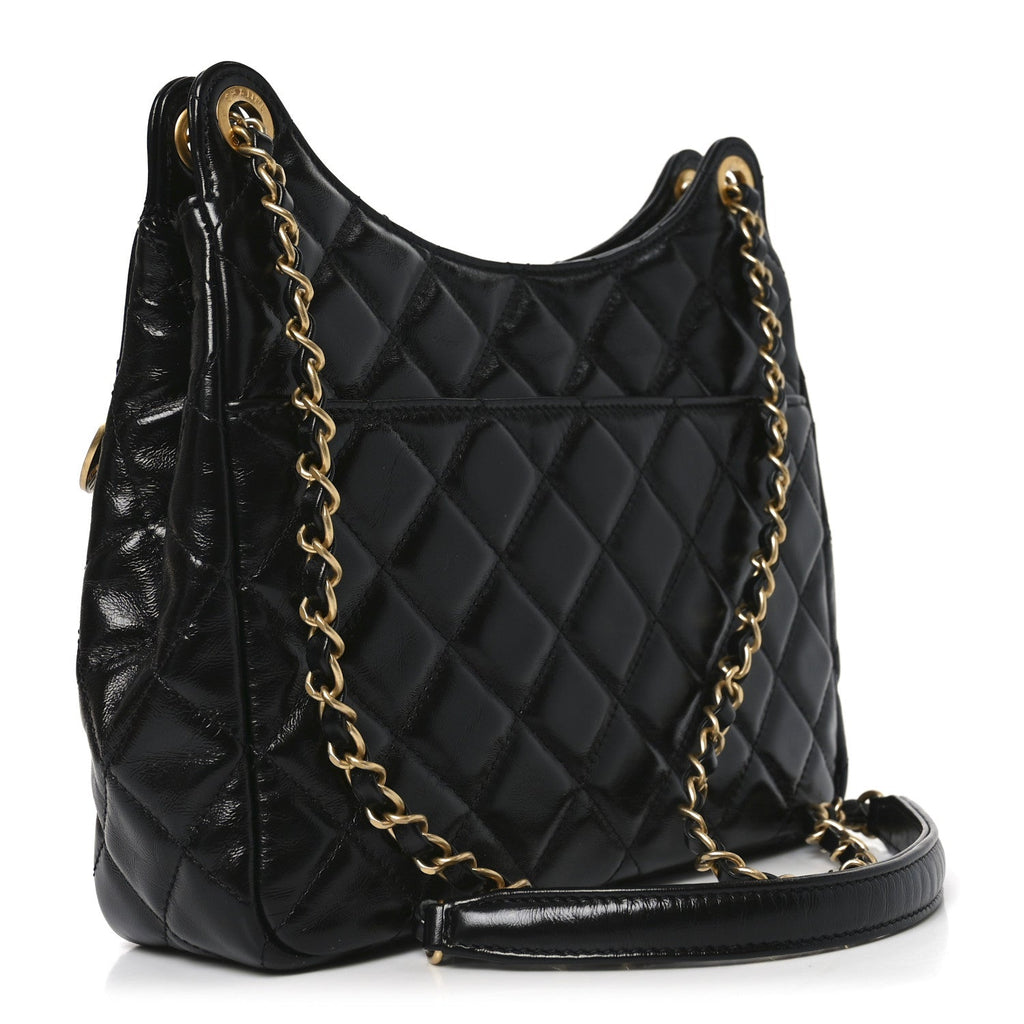 Chanel Shiny Crumpled Calfskin Quilted Wavy CC Hobo Black