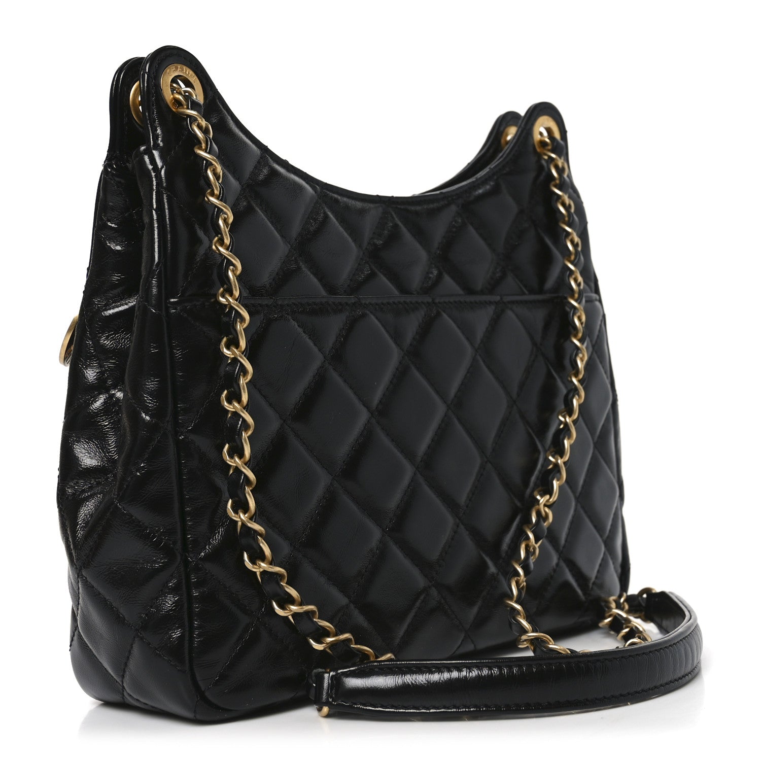 Chanel Shiny Crumpled Calfskin Quilted Wavy CC Hobo Black