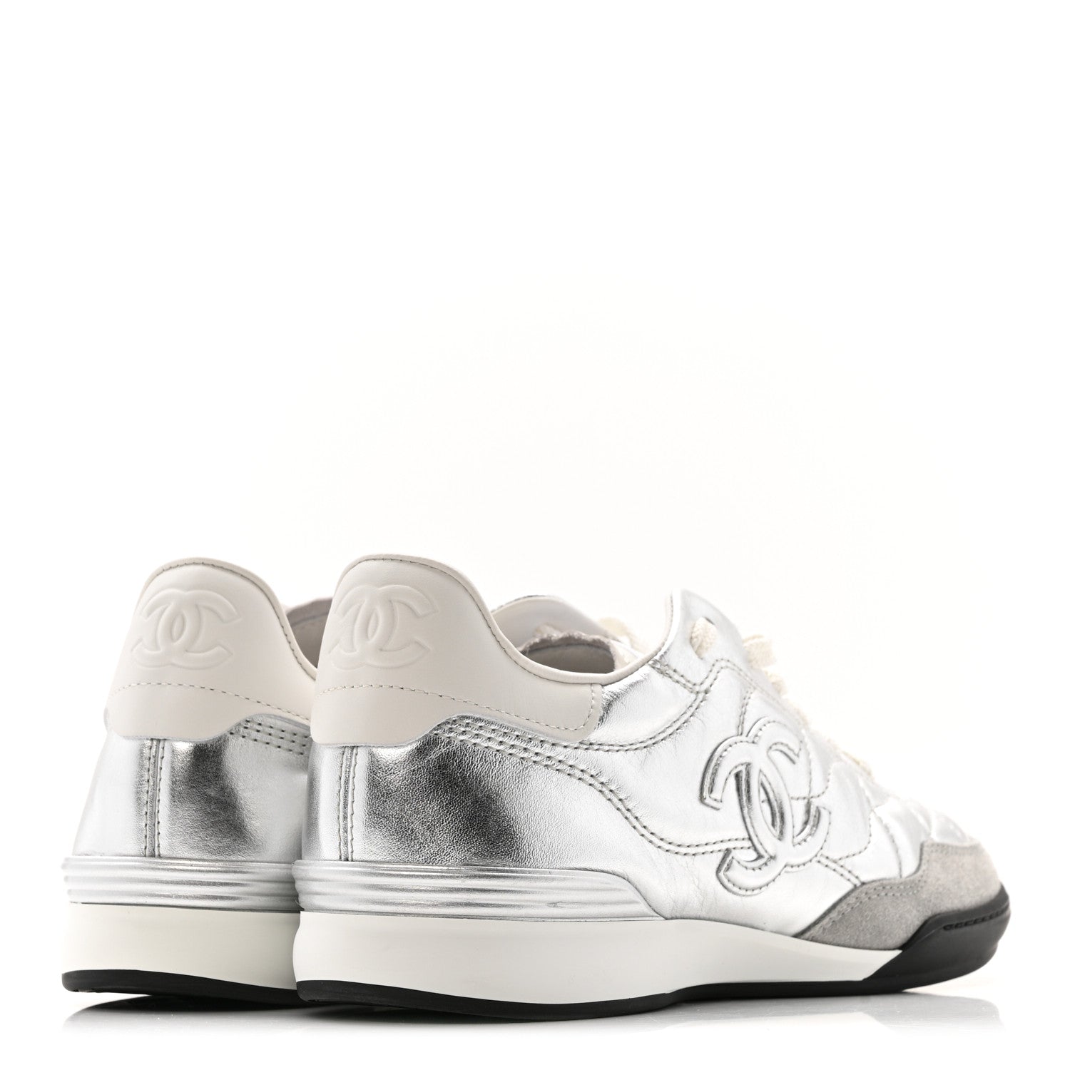 Laminated Calfskin Suede Quilted Womens CC Sneakers 38 Silver White Gray