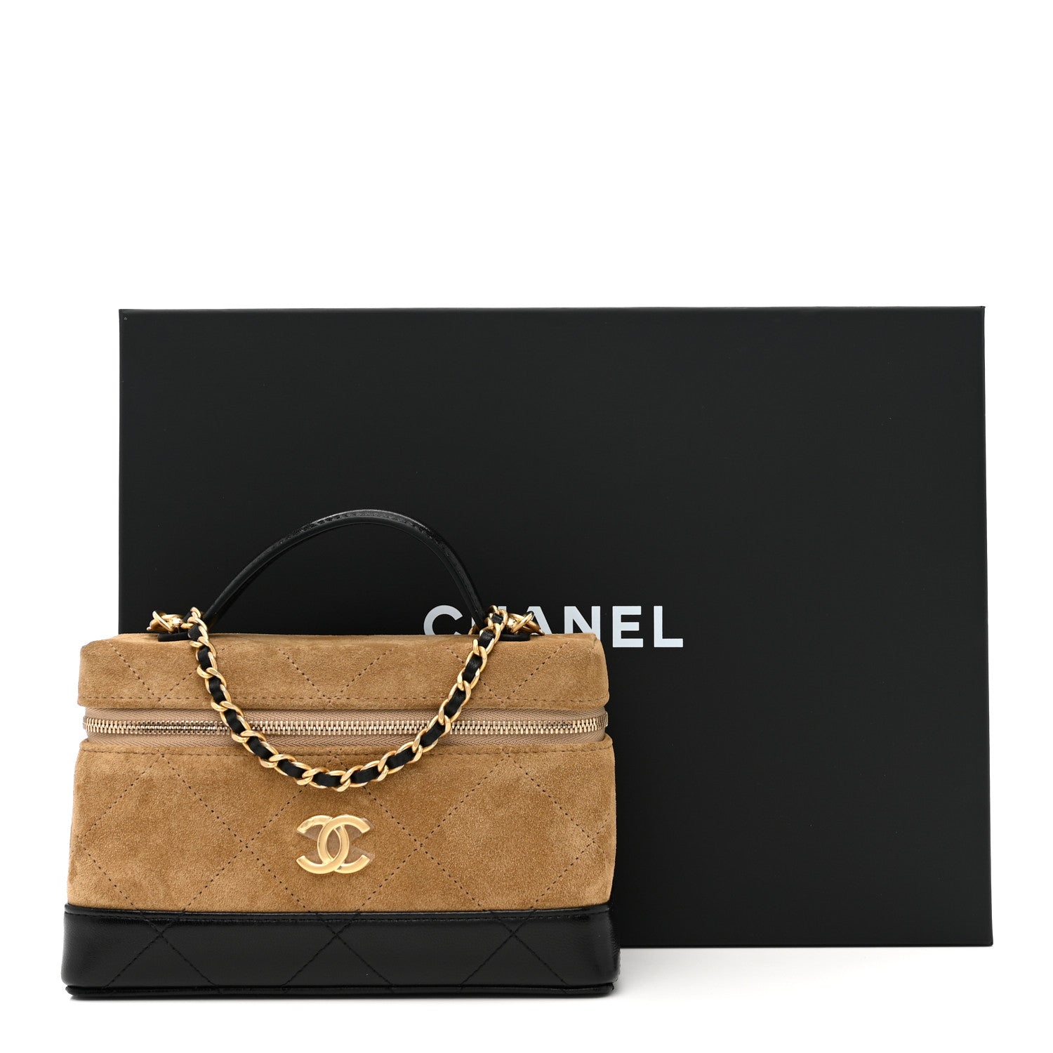 Chanel Suede Calfskin Shiny Lambskin Quilted Top Handle Slim Vanity Case With Chain Beige Black