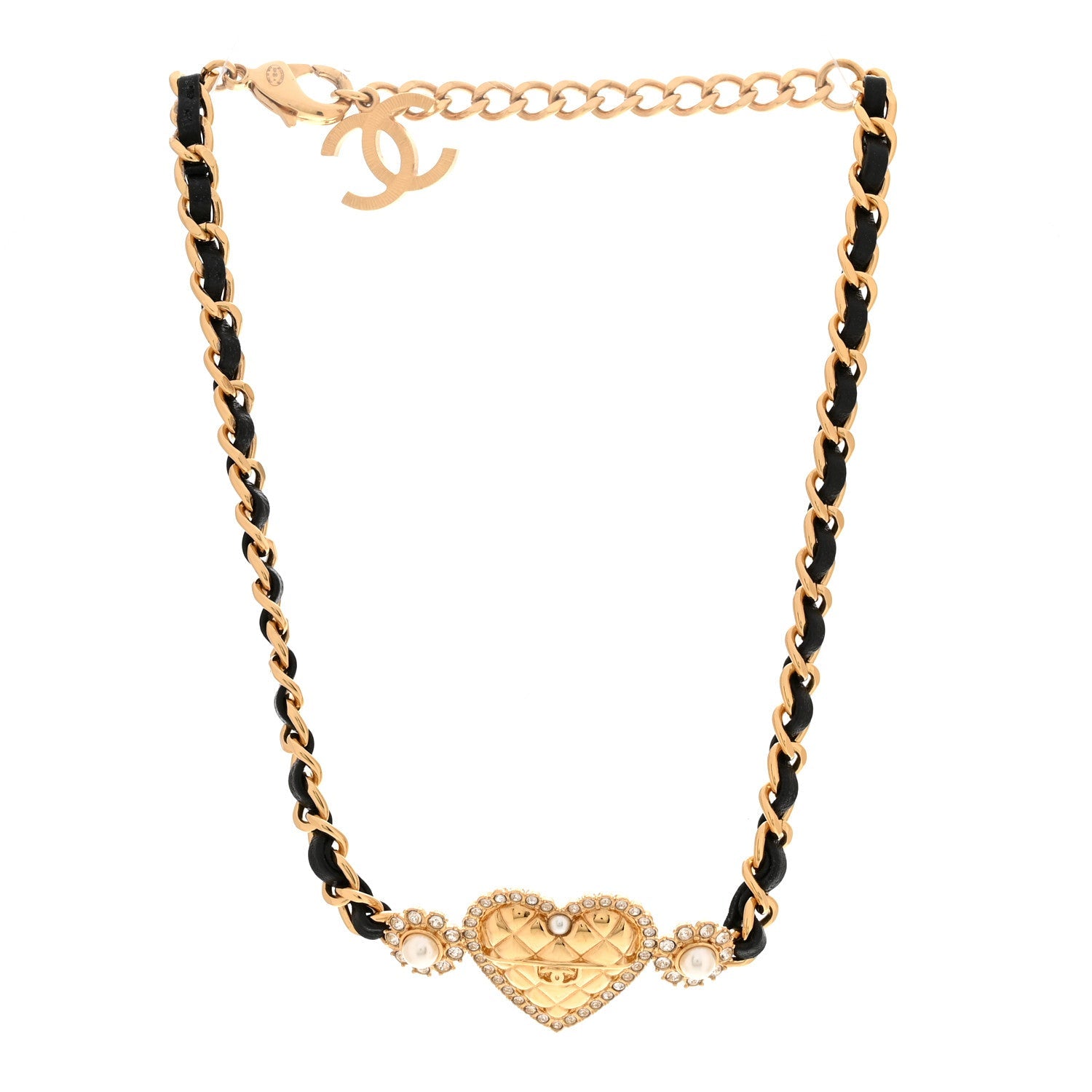 Metal Lambskin Glass Pearl Strass Heart Choker Gold Black