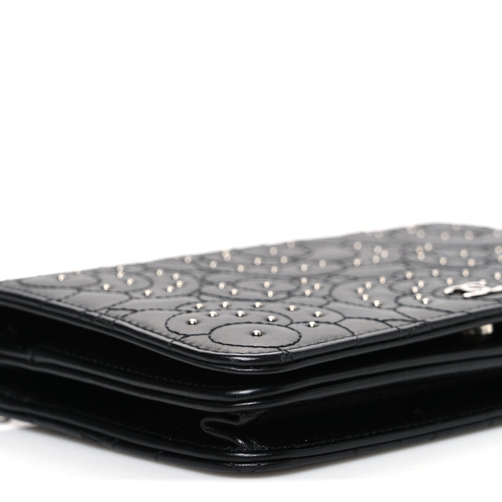 Chanel Lambskin Camellia Studded Wallet on Chain WOC Black