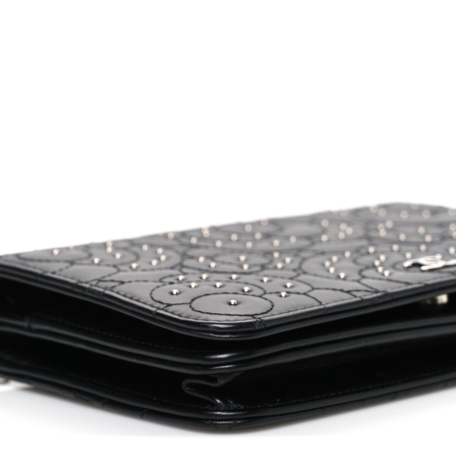 Chanel Lambskin Camellia Studded Wallet on Chain WOC Black