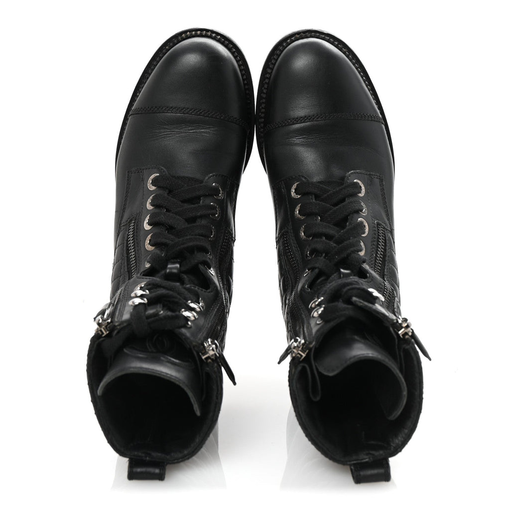 Calfskin Quilted Lace Up Combat Boots 37.5 Black