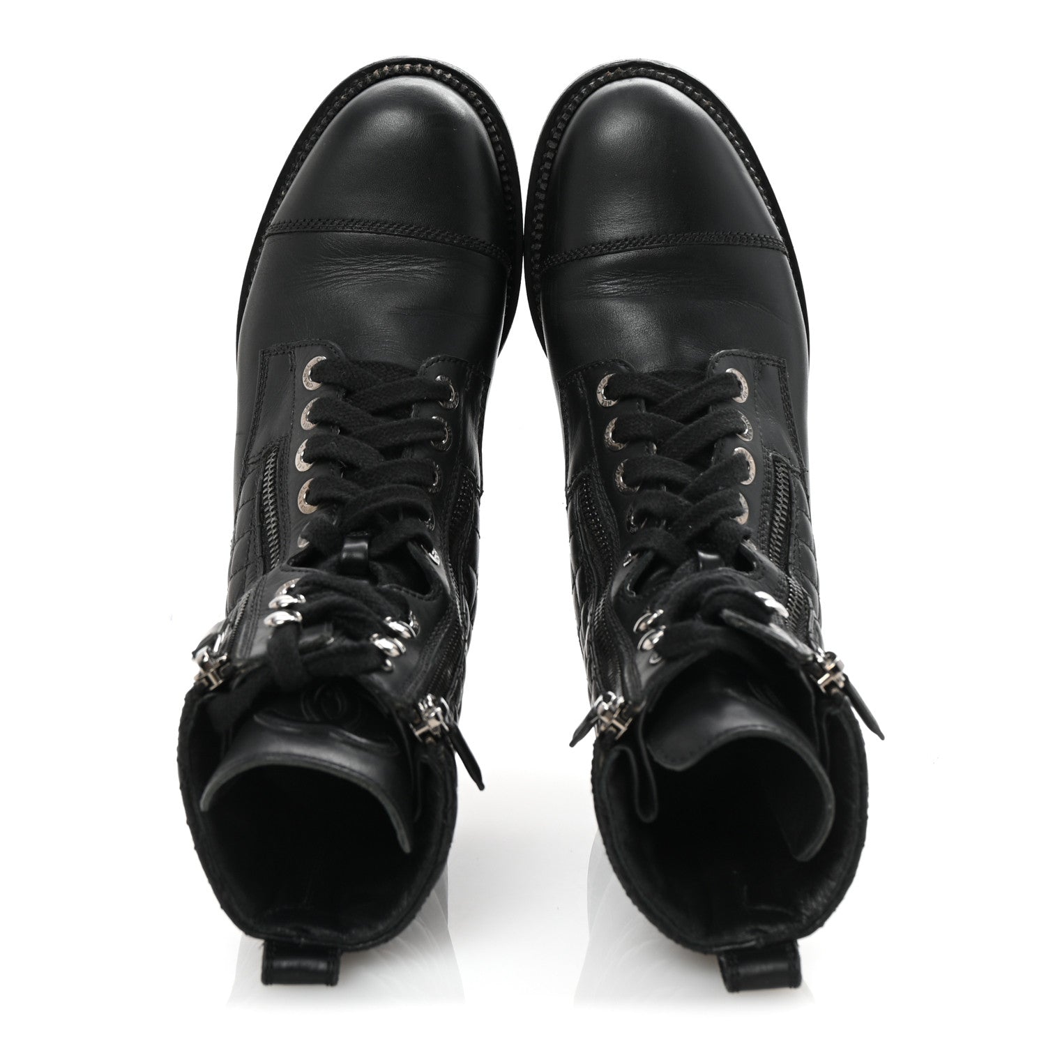 Calfskin Quilted Lace Up Combat Boots 37.5 Black