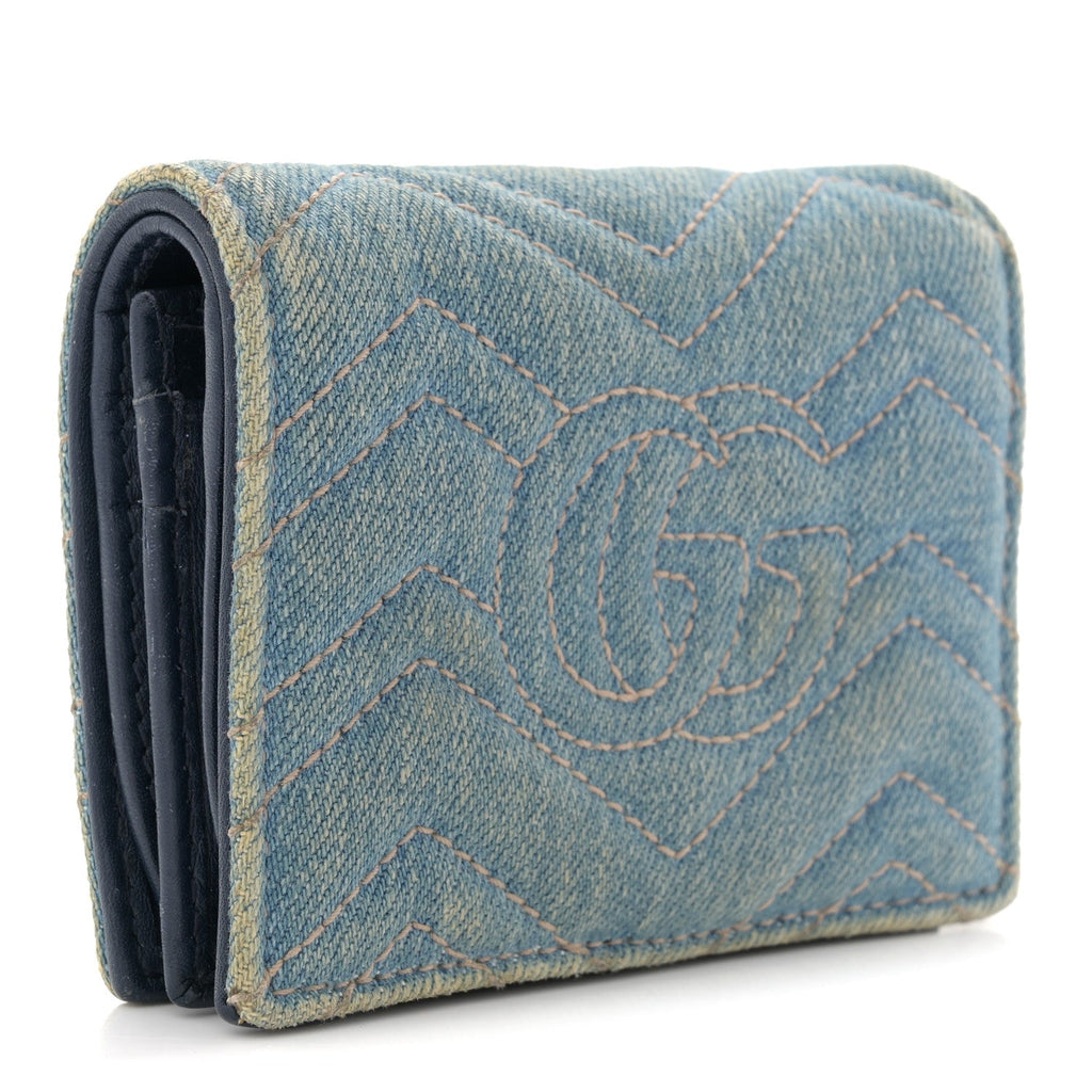 Gucci Denim Matelasse Pearly GG Marmont Card Case Wallet Blue