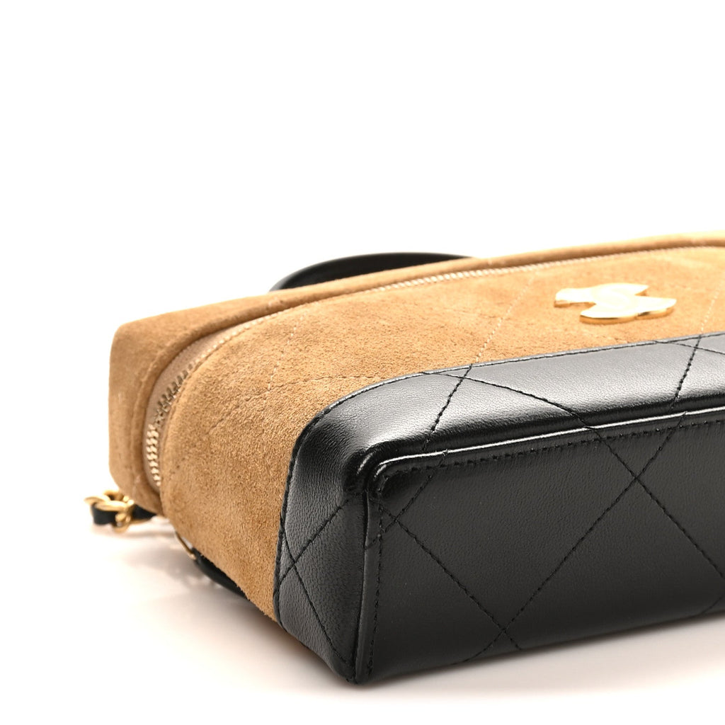 Chanel Suede Calfskin Shiny Lambskin Stitched Top Handle Slim Vanity Case With Chain Beige Black
