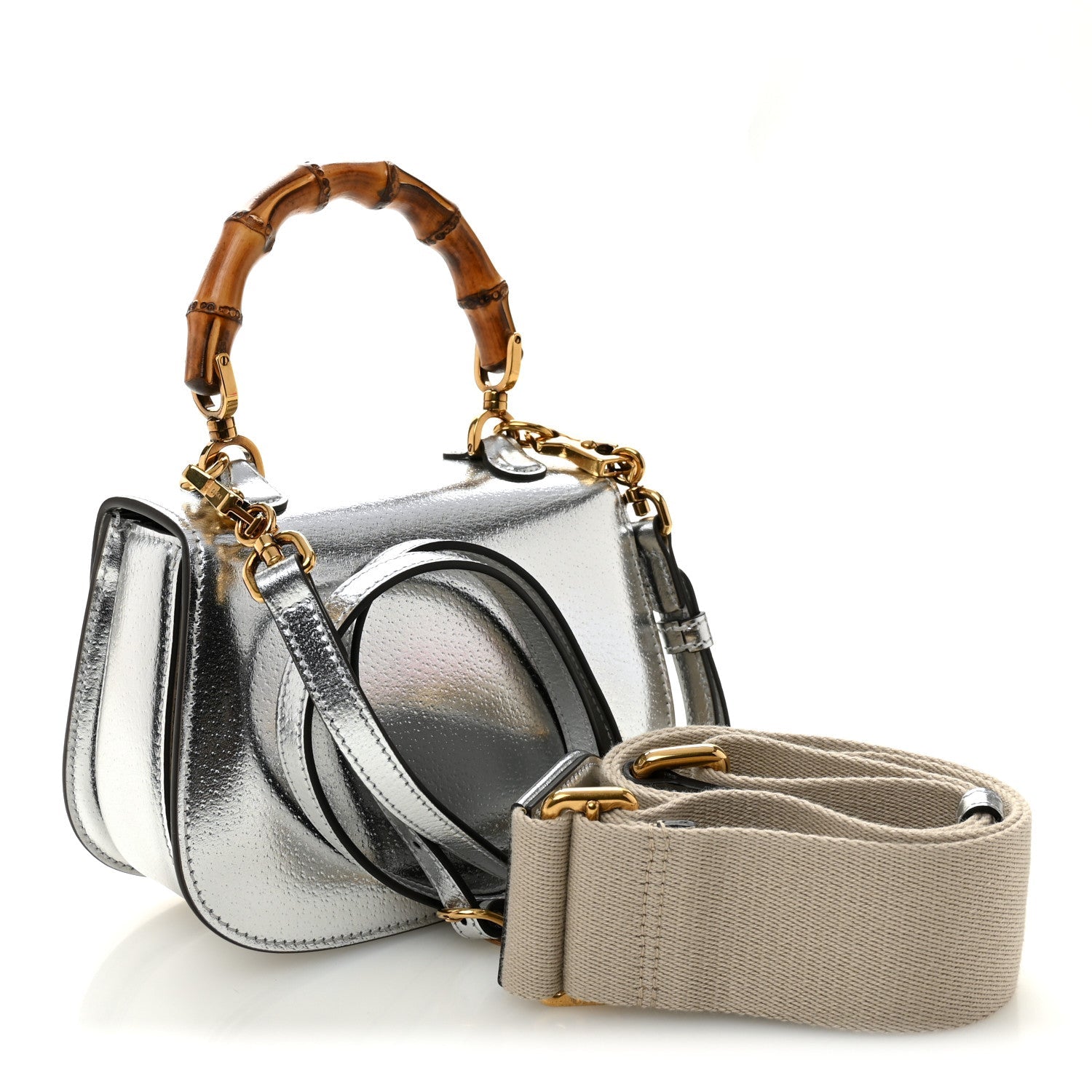 Gucci Boarded Dyana Lux Calfskin Mini Bamboo 1947 Top Handle Bag Silver