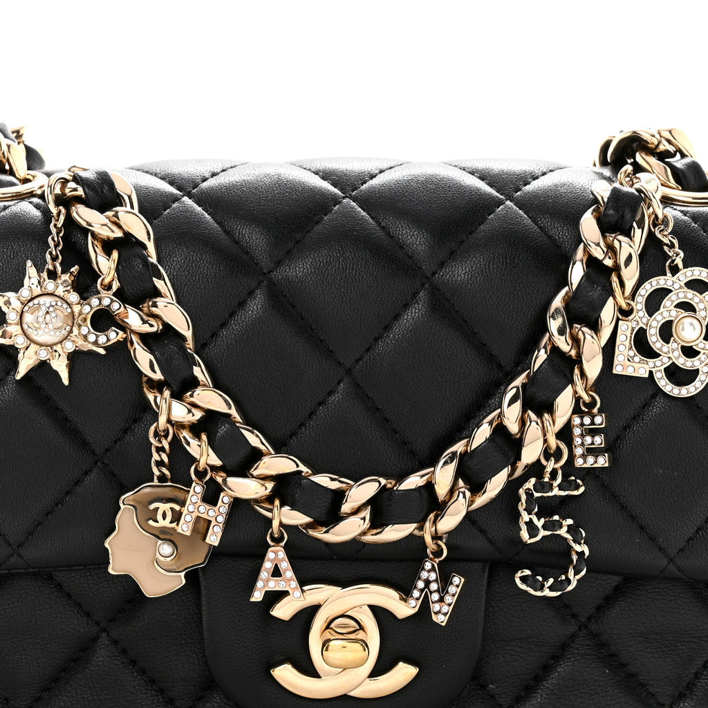 Chanel Lambskin Quilted Mini Coco Charms Rectangular Flap Black