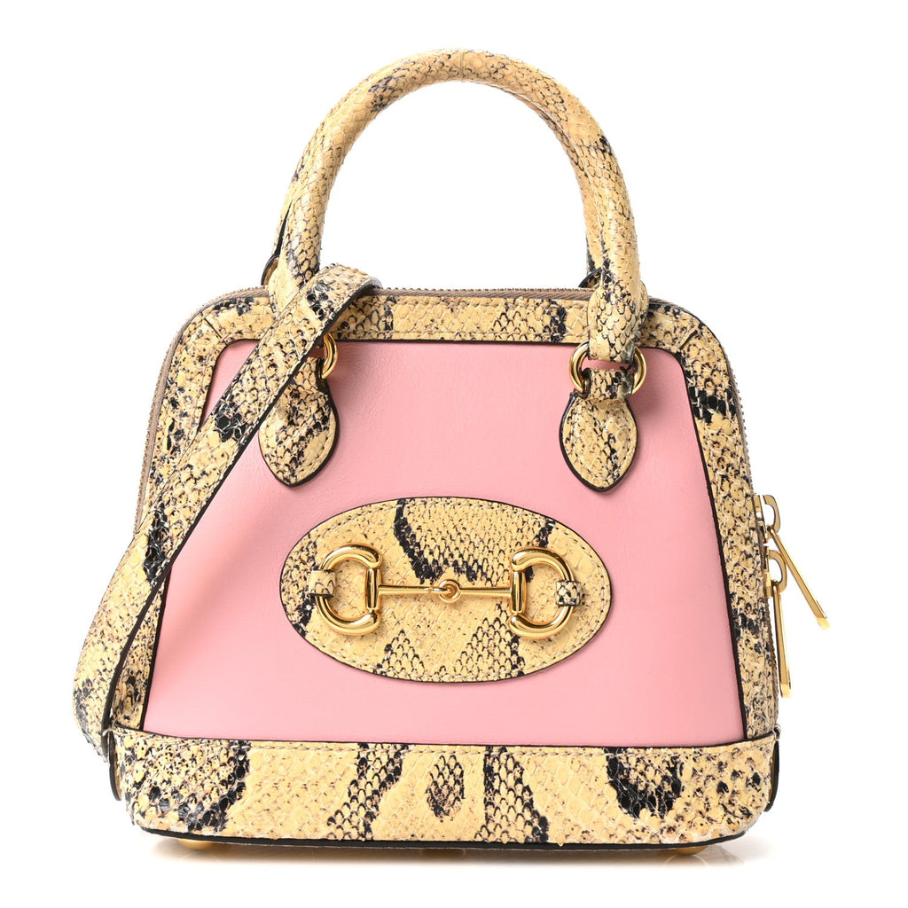 Gucci Snakeskin Boarded Plutone Calfskin Mini Horsebit 1955 Top Handle Bag Wild Rose Beige