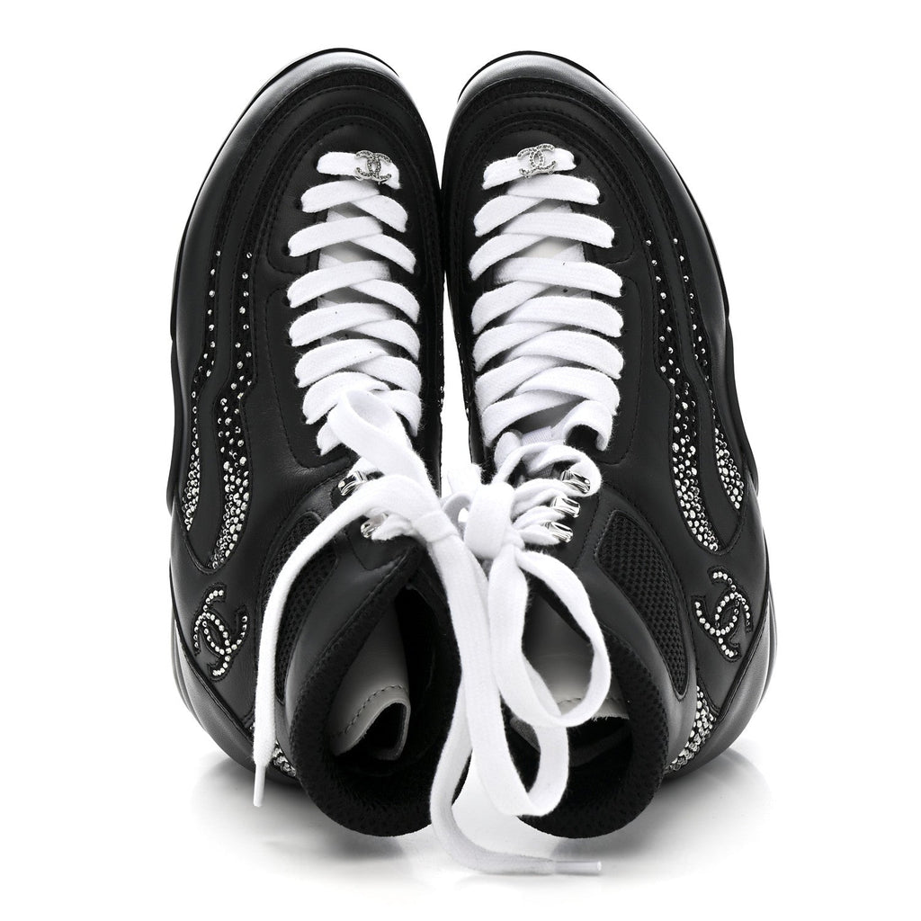 Calfskin Mesh Strass Womens CC Sneakers 37 Black Silver