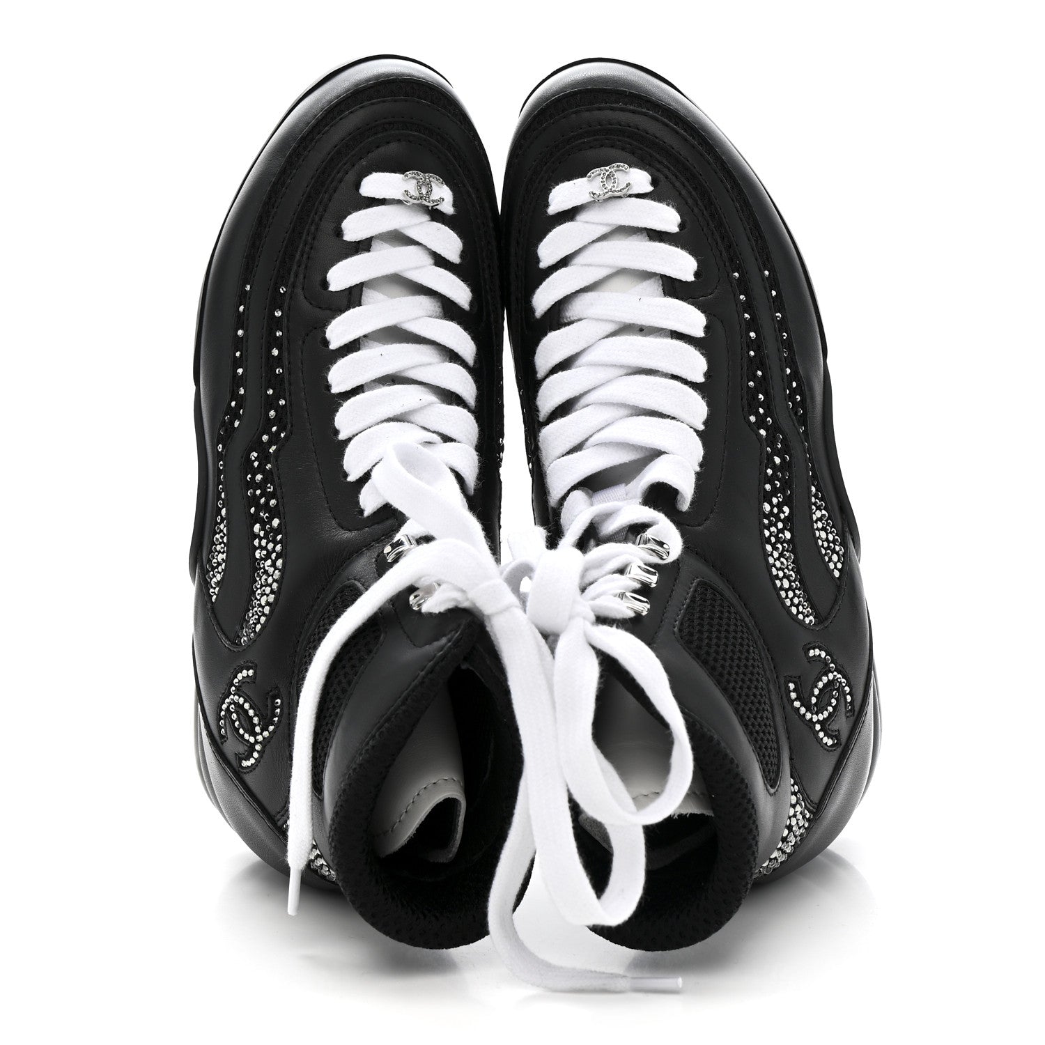 Calfskin Mesh Strass Womens CC Sneakers 37 Black Silver