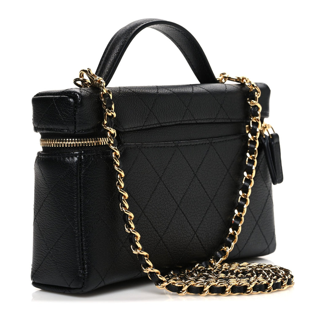 Chanel Goatskin Quilted Top Handle Slim Vanity With Chain Black