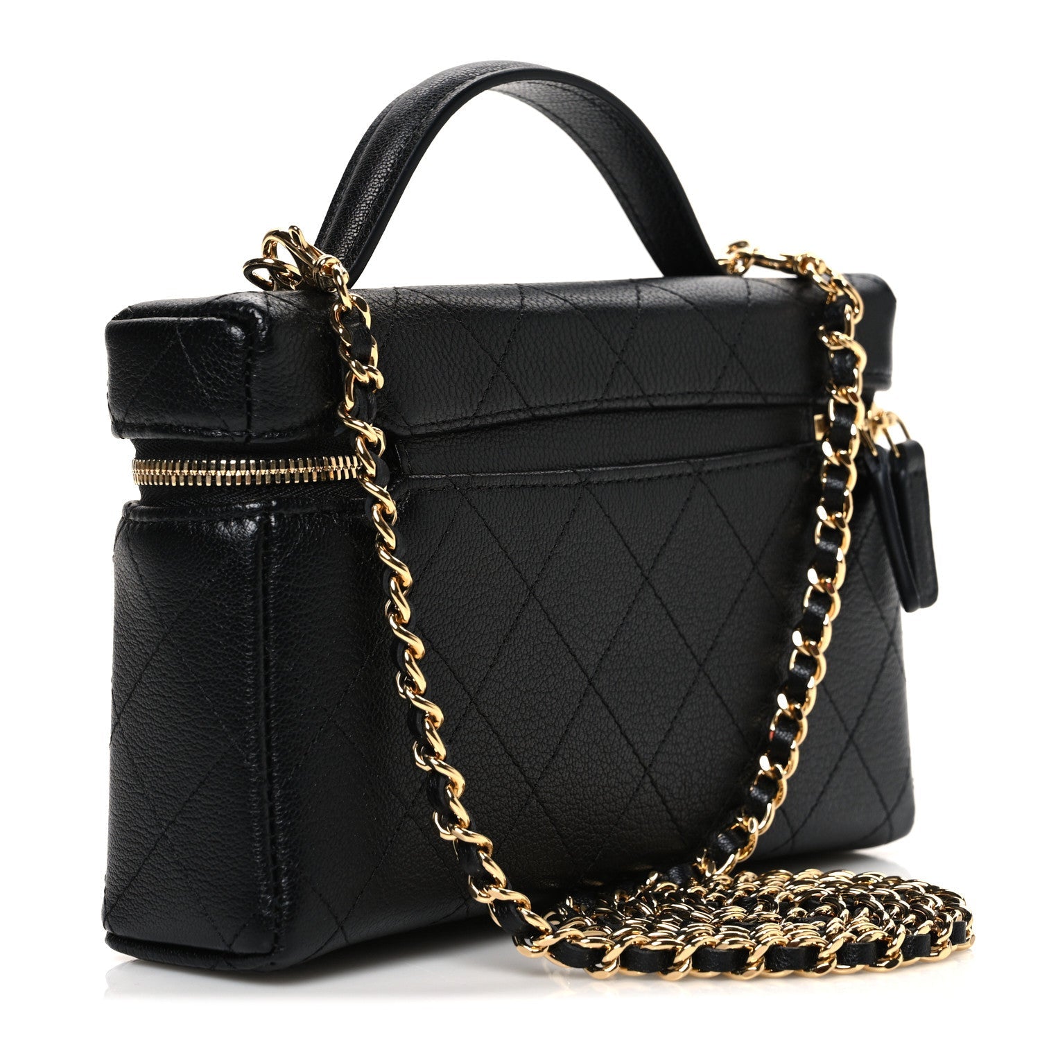 Chanel Goatskin Quilted Top Handle Slim Vanity With Chain Black