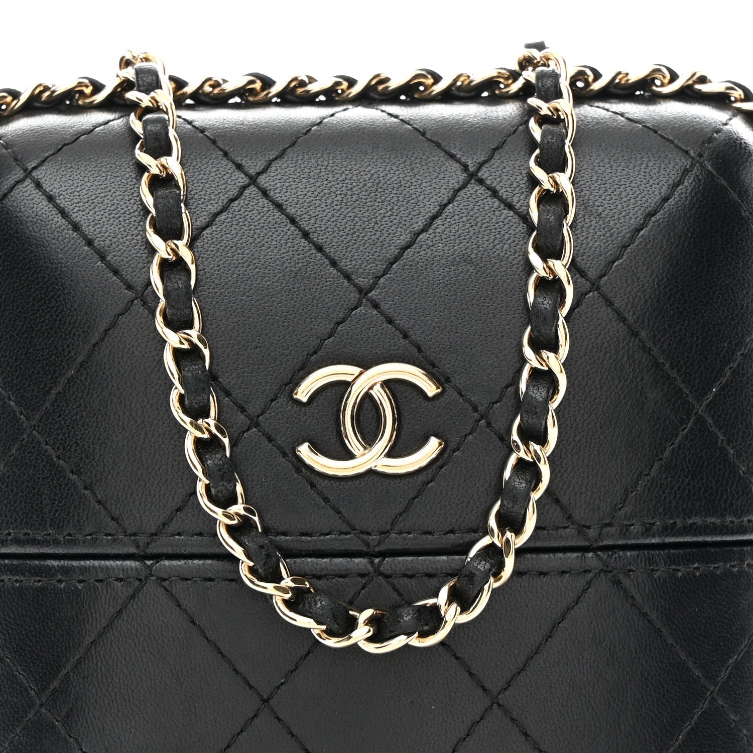 Lambskin Quilted Chain Around Phone Holder Black