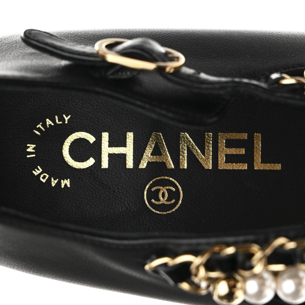 Chanel Shiny Lambskin Pearl Cap Toe Ankle Chain Ballerina Flats 37 Black