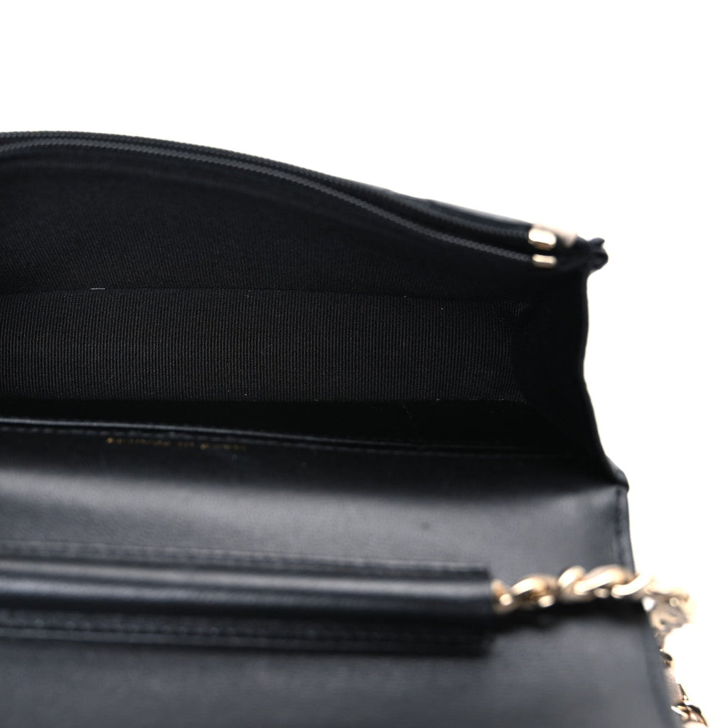 Chanel Lambskin Quilted Phone Holder Wallet With Chain Black Beige