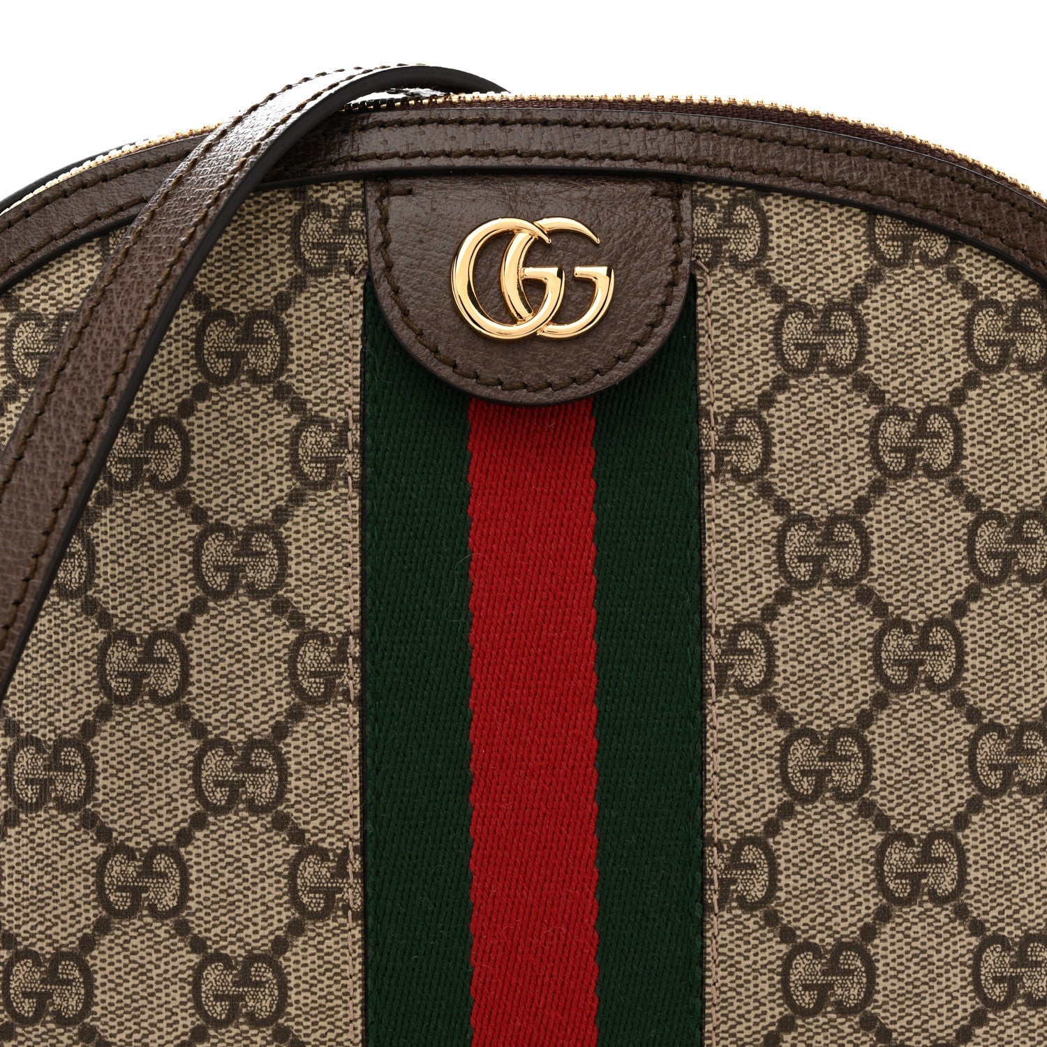 Gucci GG Supreme Monogram Textured Dollar Calfskin Web Small Ophidia Dome Shoulder Bag Beige Ebony New Acero